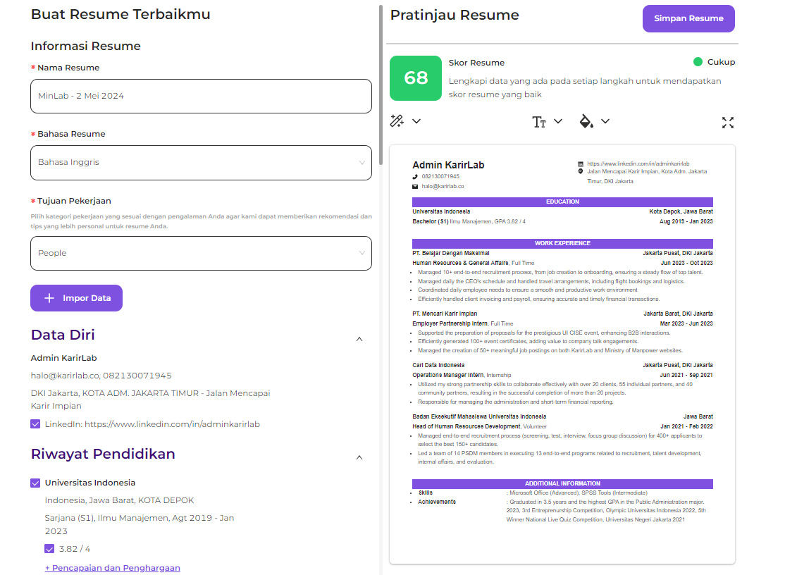 Gambaran Pratinjau Power Resume Builder KarirLab