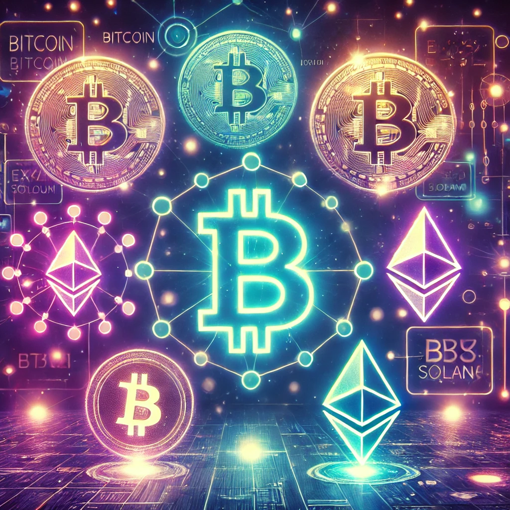 ripto dengan estetika cyberpunk dan simbol cryptocurrency seperti Bitcoin, Ethereum, dan Solana.